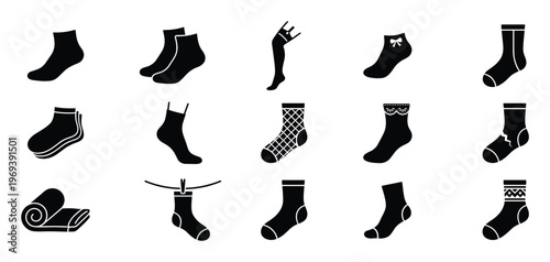Collection of various black silhouette sock icons, including ankle socks, knee-highs, and patterned designs, presented in a clean, graphic style