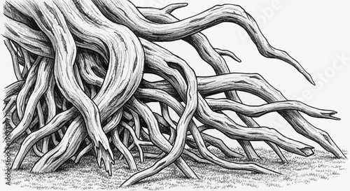 Intertwined Tree Roots Illustration: Detailed Ink Drawing of Complex Structure