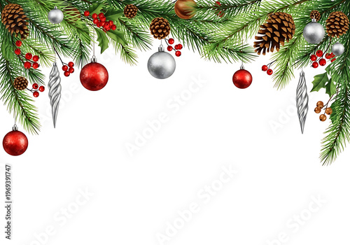 Elegant holiday garland adorned with festive ornaments and pine cones.