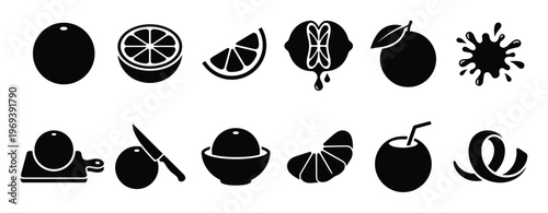 Collection of black silhouette citrus fruit icons including whole, sliced, peeled, and juiced elements, presented in a clean, graphic style