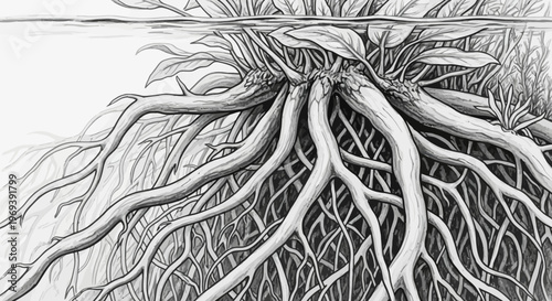 Detailed Black and White Illustration of Mangrove Roots and Foliage