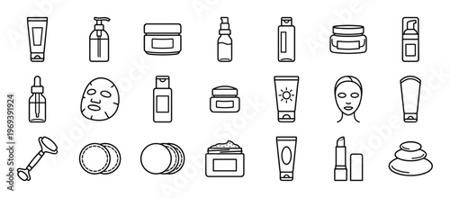 Collection of twenty black outline icons depicting various skincare and beauty products and tools, presented in a clean, minimalist style