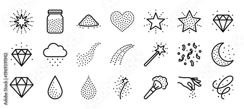 Collection of twenty-four black outline icons depicting various elements like stars, diamonds, clouds, and magic wands with dotted effects