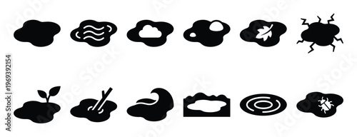 Collection of black silhouette puddle icons featuring various elements like clouds, leaves, plants, and insects, presented in a clean, graphic style