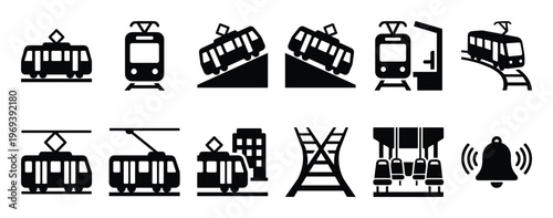 Collection of black tram and railway icons depicting various scenes and elements of public transportation