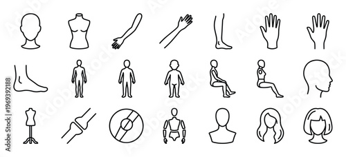 Collection of human body parts and mannequin outline icons, depicting various anatomical forms and figures in a clear, illustrative style
