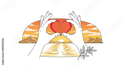 Hands forming heart over sunset conceptual illustration design graphic