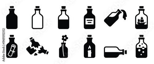 Collection of black silhouette bottle icons with various contents and states, presented in a clean, graphic style