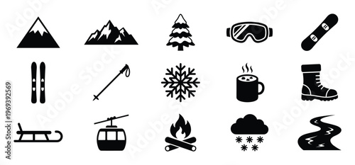 Collection of black silhouette winter and mountain icons, including skis, snowboard, mountains, trees, and snow