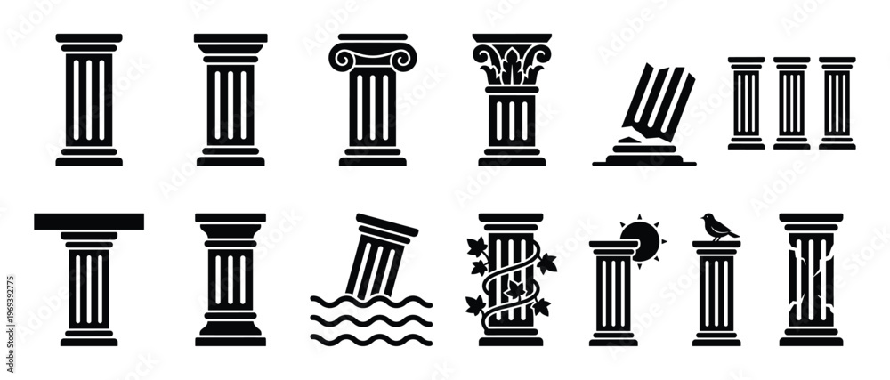 Fototapeta premium Collection of various black silhouette ancient Greek and Roman architectural columns with different designs and states