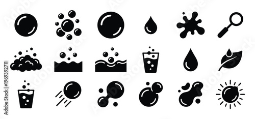 Collection of black and white icons representing bubbles, water drops, splashes, and a sun, in a clean, graphic style