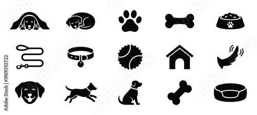 Collection of black silhouette dog and pet-related icons, including dogs, bones, paws, and accessories, arranged neatly on a white surface