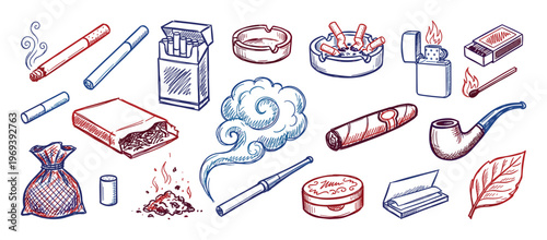 Various hand-drawn smoking accessories and tobacco products, including cigarettes, cigars, pipes, lighters, and ash, depicted in a detailed sketch style