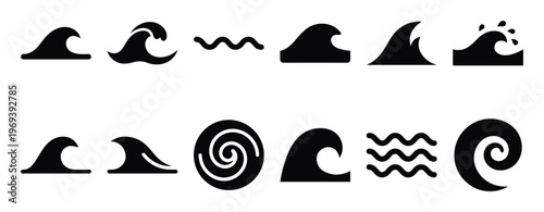 Collection of various black wave icons and symbols, depicting different water movements and shapes in a clean, graphic style