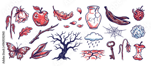 Collection of hand-drawn decaying and broken objects, including a withered flower, a cracked vase, and a rotten banana, depicting themes of decay and abandonment