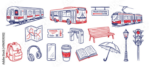 Various hand-drawn public transportation and urban elements, including a subway, bus, tram, and related items, in a sketch style