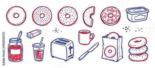 Collection of hand-drawn bagel and breakfast items, including a toaster, jam, coffee, and various bagel styles, depicted in a vibrant red and blue sketch art style