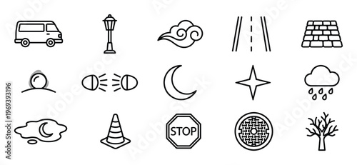 Collection of various black outline icons representing street elements, weather, and celestial objects, presented in a clean, minimalist style