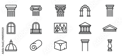 Collection of various architectural elements and classical building components depicted as black outline icons on a clean surface