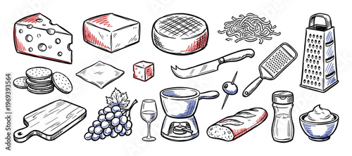 Various hand-drawn cheese and fondue related items, including different types of cheese, crackers, grater, knife, and bread, are arranged in a charming doodle style