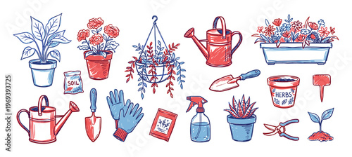 Collection of gardening tools and potted plants in a hand-drawn sketch style with red and blue colors