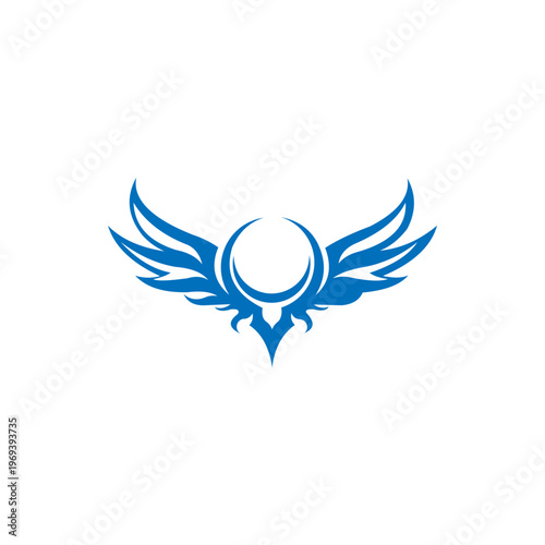 An elegant and symmetrical minimalist logo in sky blue, depicting a celestial bird or phoenix.