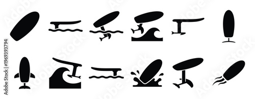 Collection of black silhouette icons depicting various hydrofoil boards and surfboards in different water scenarios