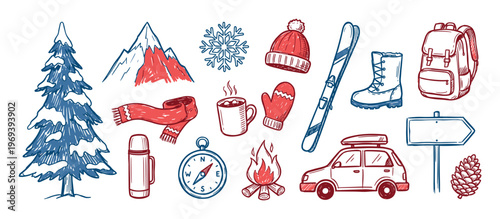 Collection of hand-drawn winter and outdoor activity icons featuring a snowy pine tree, mountains, and camping gear