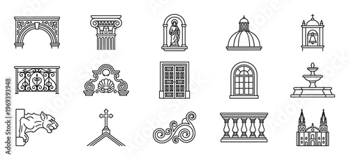 Collection of fifteen detailed black outline icons representing various architectural elements and religious symbols, presented with clean lines and uniform style