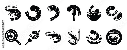 Collection of black shrimp and prawn icons in various forms, including whole, peeled, on a fork, in a bowl, with lemon, on a skewer, in a pan, on a hook, and in a splash