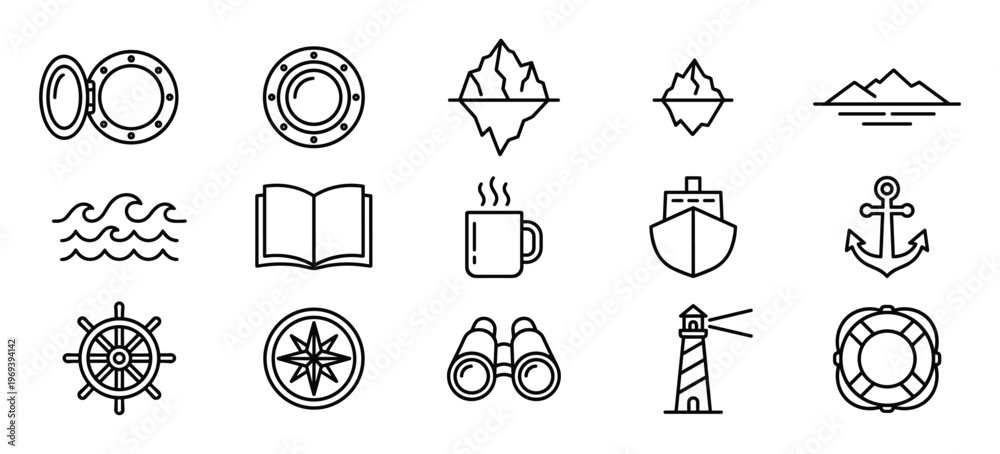 Fototapeta premium Collection of fifteen black outline nautical and marine-themed icons, including a ship's wheel, anchor, lighthouse, and porthole, arranged neatly
