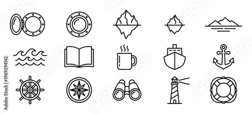 Collection of fifteen black outline nautical and marine-themed icons, including a ship's wheel, anchor, lighthouse, and porthole, arranged neatly