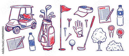 Collection of hand-drawn golf equipment and accessories in red and blue sketch style, including a golf cart, clubs, and ball