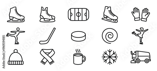 Collection of black outline winter sports and cold weather icons, including skates, hockey gear, and warm accessories