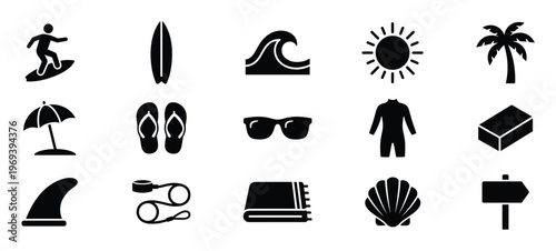 Collection of black silhouette icons representing various beach and surfing related items and activities, presented in a clean, graphic style