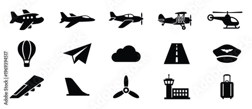 Collection of black silhouette aviation and travel icons, including various airplanes, a helicopter, and airport elements