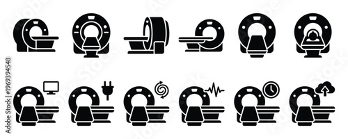 Collection of black MRI scanner icons with various medical and technological symbols, presented in a clean, graphic style
