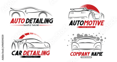 Set of Modern Car Detailing Logo Templates with Sport Vehicle Silhouettes on White Background - vector illustration