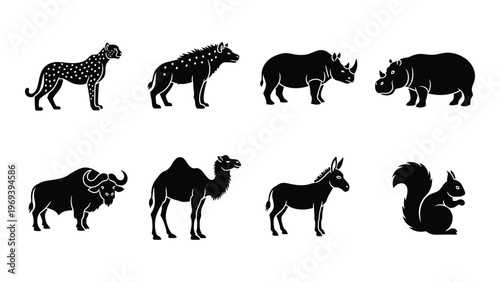 A collection of african and other animal silhouettes including a cheetah rhino and squirrel silhouette high quality professional detailed modern elegant