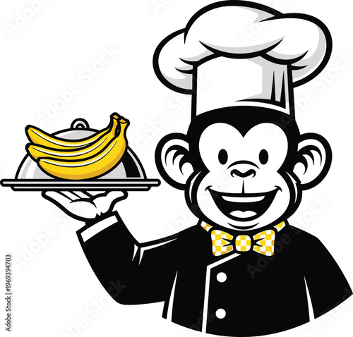 Cute monkey chef cartoon mascot holding a silver tray with yellow bananas, wearing a chef hat and bow tie illustration.