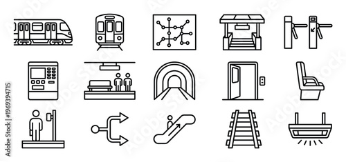 Collection of fifteen black outline icons representing various elements of a subway or metro system, including trains, maps, and station features