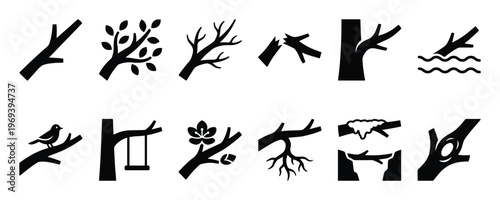 Collection of black silhouette tree branch icons depicting various states and interactions in a clean, graphic style