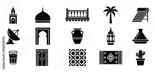 Collection of black silhouette icons representing various Moroccan cultural elements and traditional objects, presented in a clean, graphic style