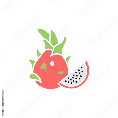 A bright and exotic minimalist logo in coral pink, lime green, and soft grey, depicting a dragon fruit (pitaya).