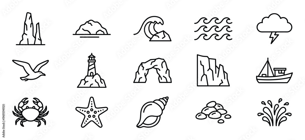 Fototapeta premium Collection of fifteen outline icons depicting various sea, ocean, and coastal elements in a clean, modern style