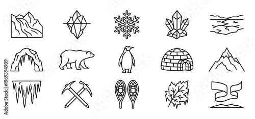 Collection of fifteen black outline icons representing various arctic and winter elements, including animals, landscapes, and tools