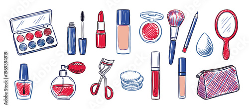 Collection of hand-drawn cosmetic products and beauty tools in a vibrant red and blue sketch style