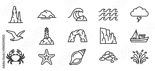 Collection of fifteen outline icons depicting various sea, ocean, and coastal elements in a clean, modern style