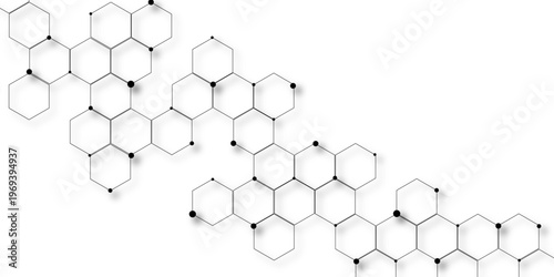 Molecular structure abstract tech background. Geometric white background. Vector banner design with hexagons. Science network pattern, connecting lines and dots Medical background, Vector illustration