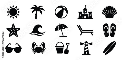 Collection of fifteen black silhouette summer and beach icons arranged neatly on a bright white surface